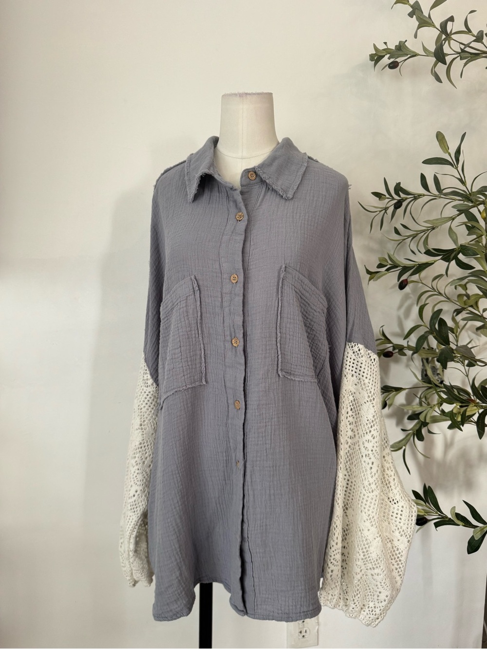 ODDY Gray Gauze Crochet Sleeve Oversized Tunic Shirt 2XL Boho Cottagecore